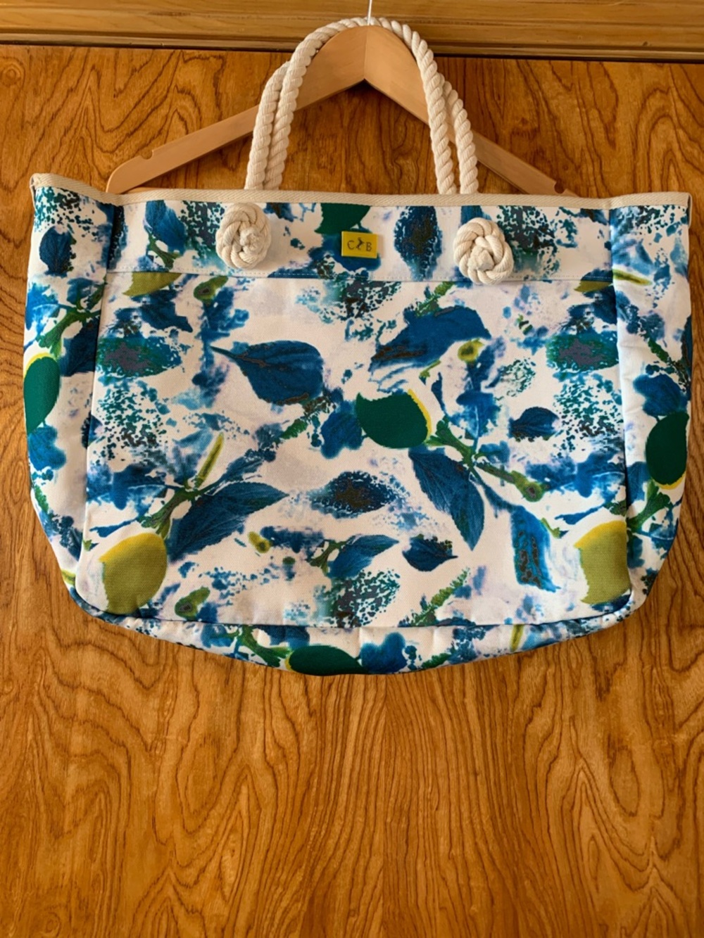 Rope-Handle Floral Canvas Tote in Blue & Green